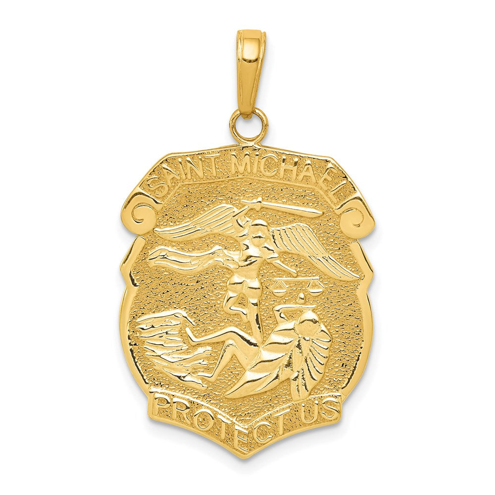14K Polished Solid Large Saint Michael Protect Us Medal Badge Pendant, 34.85 x 15 mm