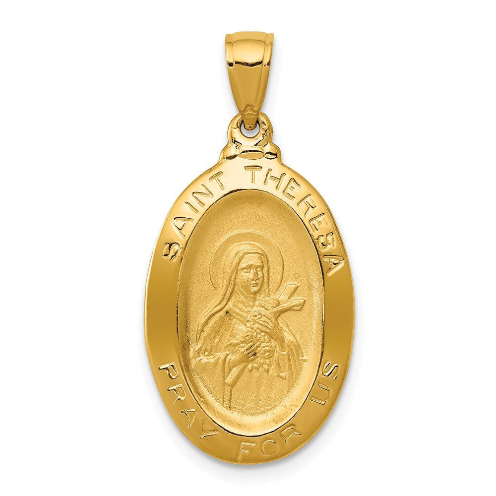 14k Polished and Satin Solid St Theresa Medal Oval Pendant, 29 mm