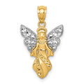 14K and White Rhodium Polished and Textured Angel Pendant, 21 mm