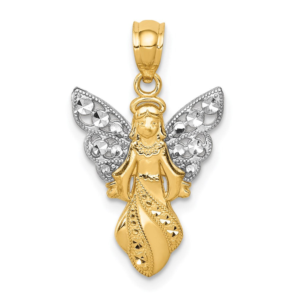 14K and White Rhodium Polished and Textured Angel Pendant, 21 mm
