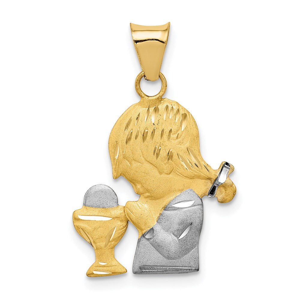 14K and White Rhodium Diamond-cut Girl Communion Semi-solid Pendant, 23 mm