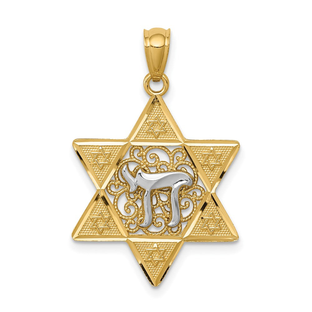 14k Two-tone Gold Polished Star of David with Chai Pendant, 28 mm