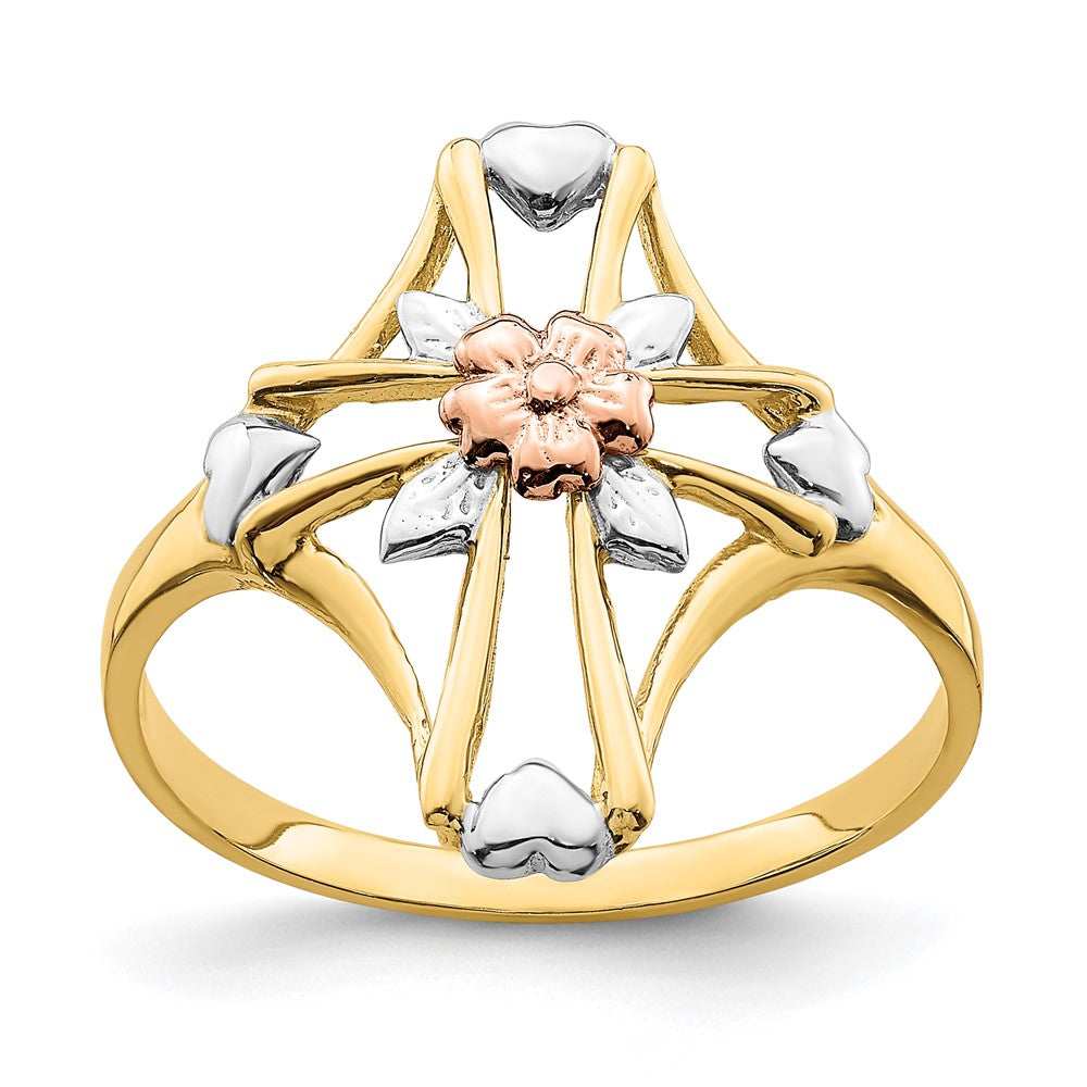 14K Two-tone with White Rhodium Polished Cross with Flower Ring, Size 7