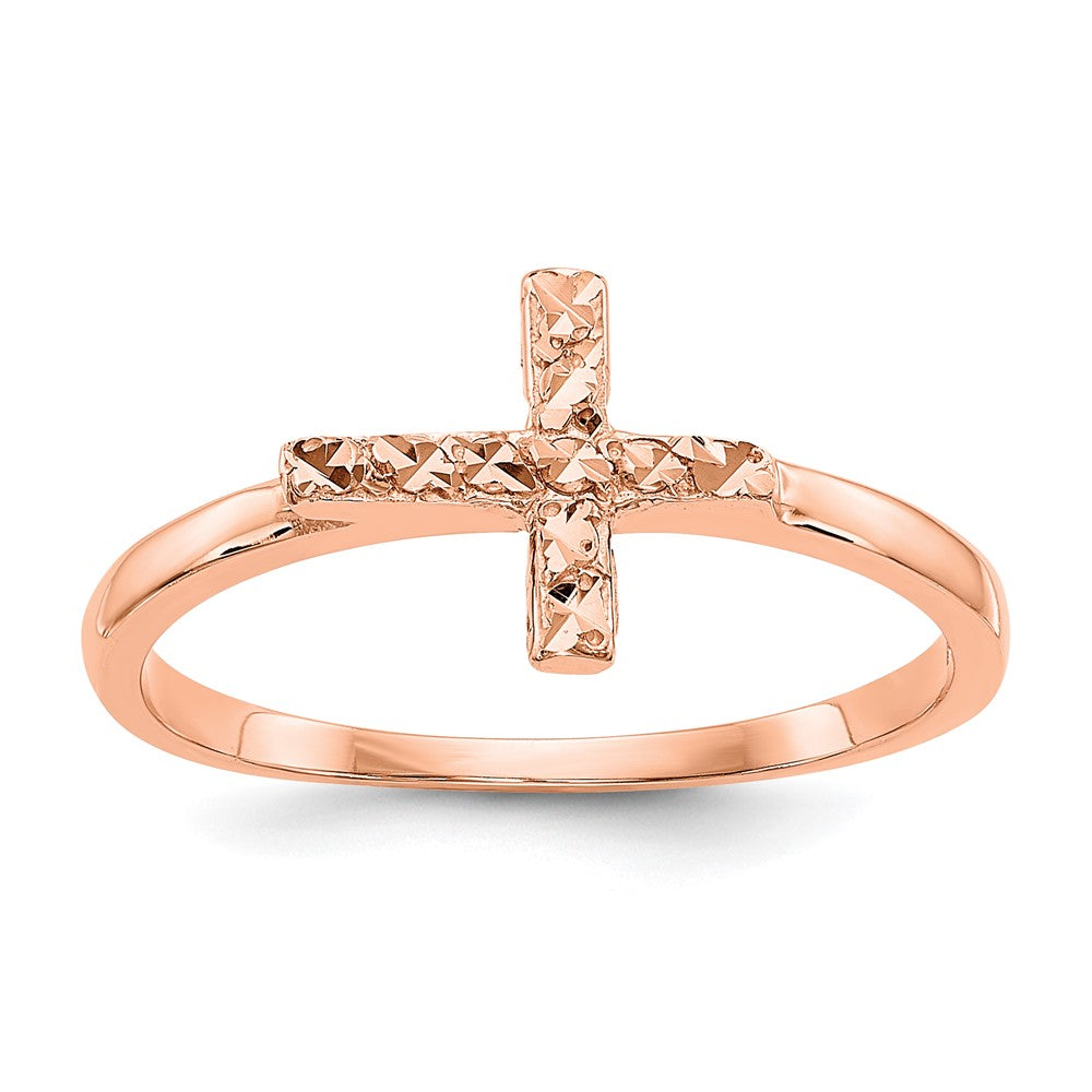 14k Rose Gold Polished and Diamond-cut Cross Ring, Size 7