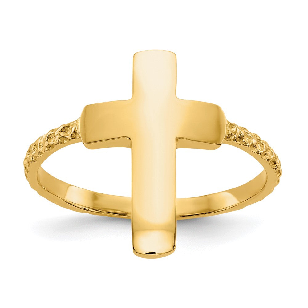 14k Polished and Textured Cross Ring, Size 7