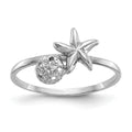 14k White Gold Polished Starfish and Sand Dollar Ring, Size 7