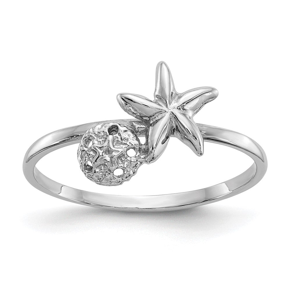 14k White Gold Polished Starfish and Sand Dollar Ring, Size 7