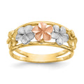 14k Two-tone with White Rhodium Satin and Polished Diamond-cut Plumeria Flowers Ring, Size 7