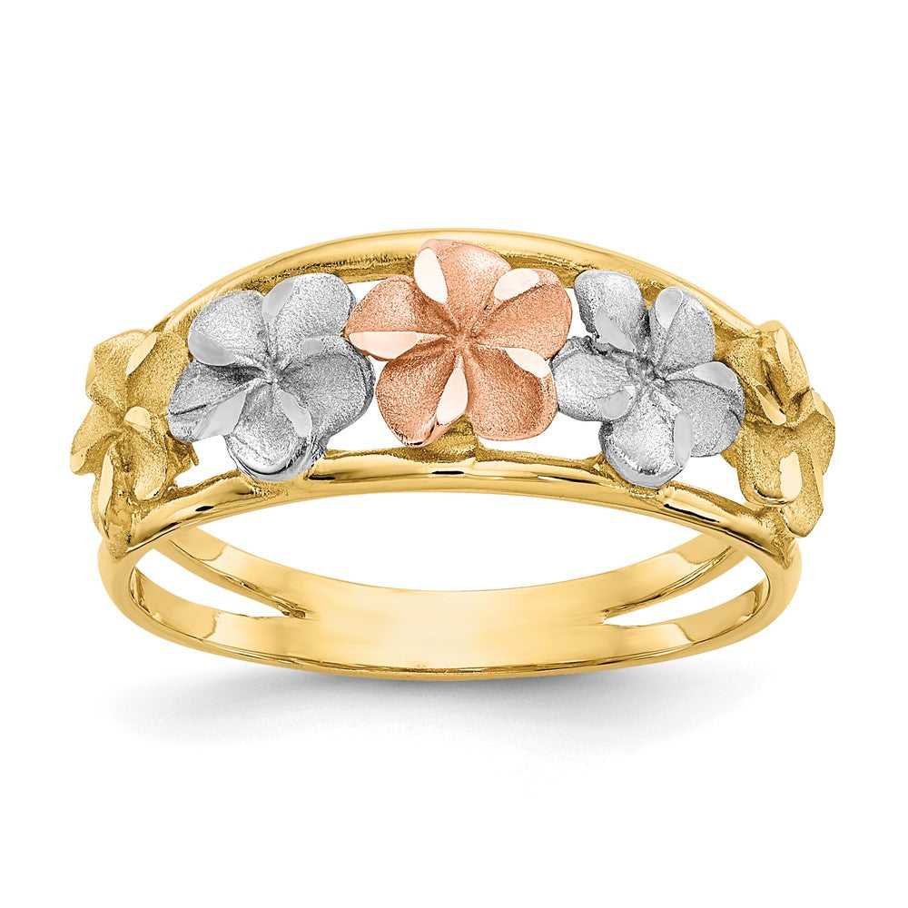 14k Two-tone with White Rhodium Satin and Polished Diamond-cut Plumeria Flowers Ring, Size 7