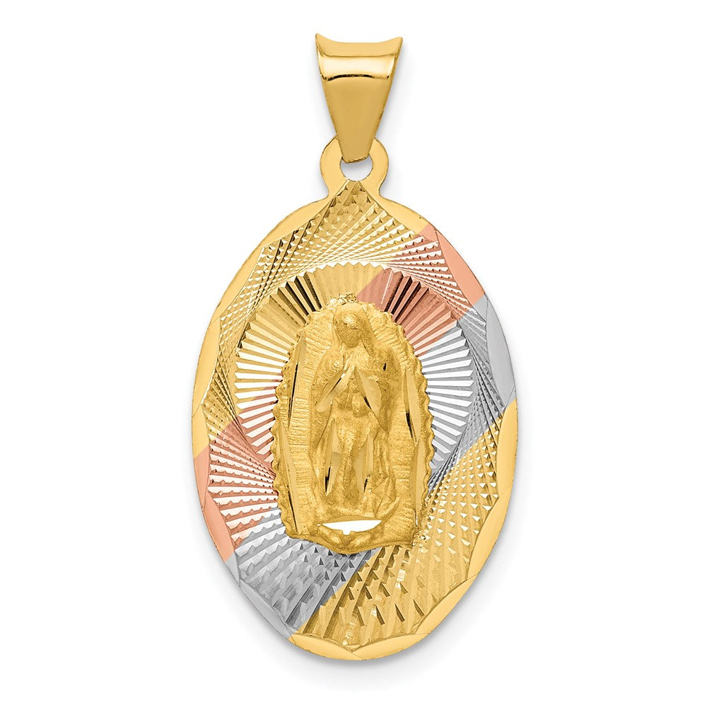 14K with Rose and White Rhodium Diamond-cut Solid Our Lady Of Guadalupe Oval Pendant, 28.2 x 14.35 mm