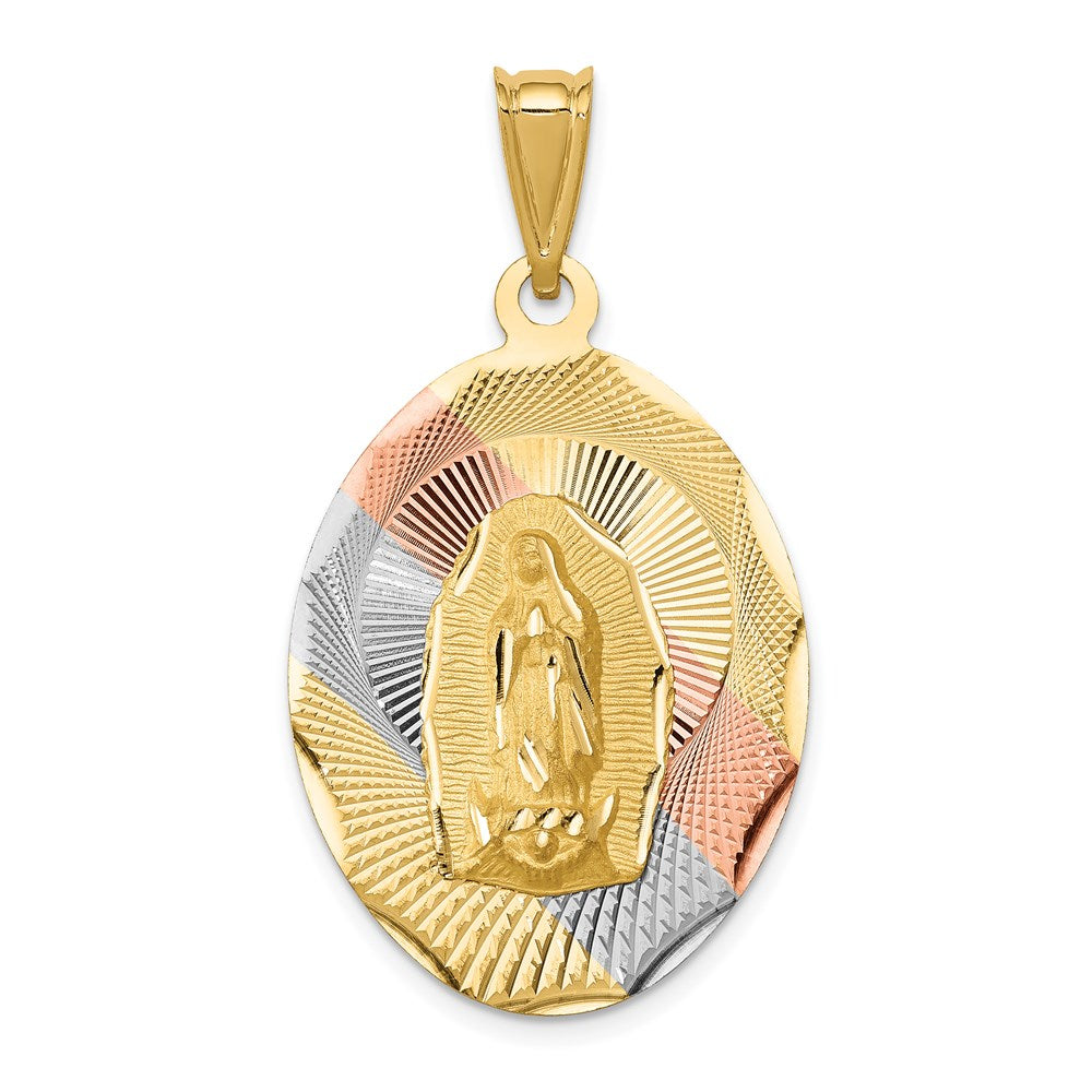 14K with Rose and White Rhodium Diamond-cut Solid Large Our Lady Of Guadalupe Oval Pendant, 41.6 x 22.45 mm