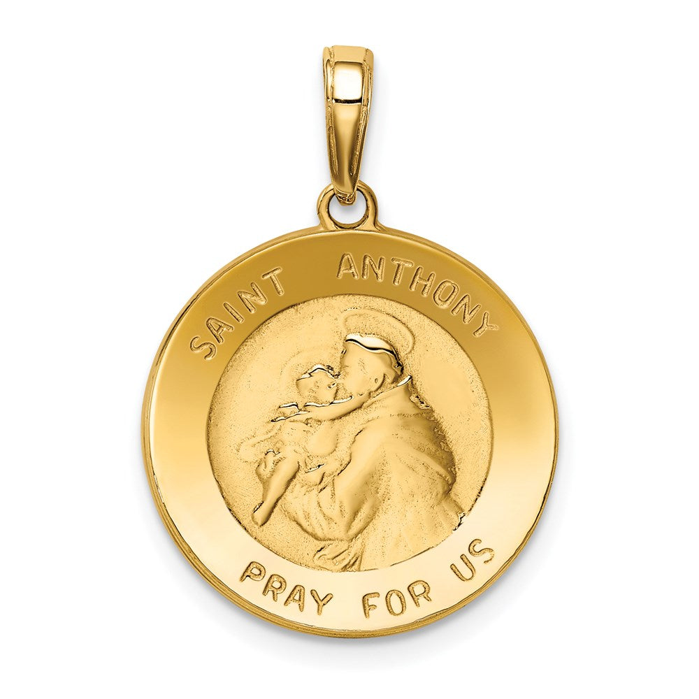 14k Polished and Satin Solid Saint Anthony Small Round Medal Pendant, 26 x 18.4 mm