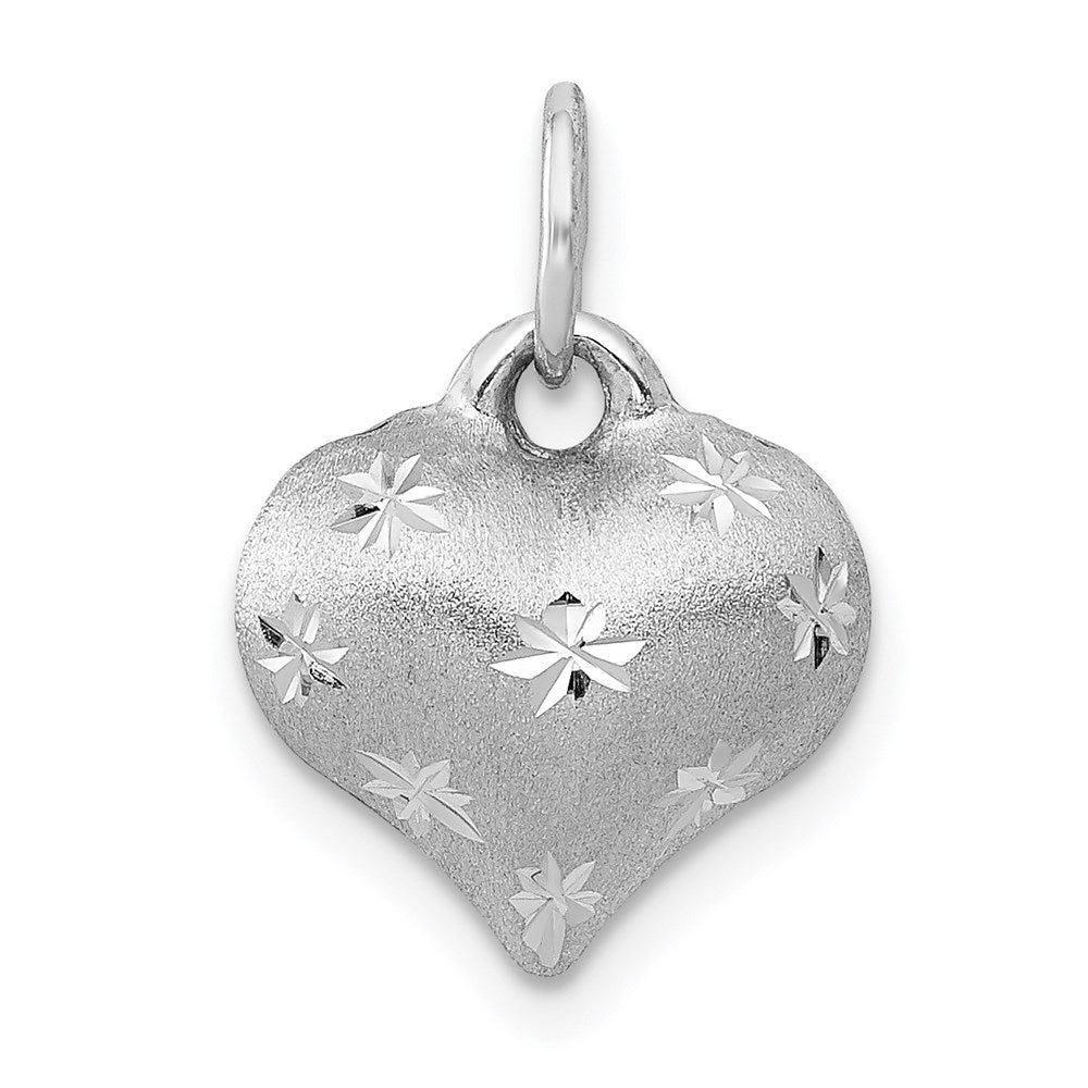 14k White Gold Satin Diamond-cut 3D Puffed Heart Pendant, 14.55 x 11.2 mm