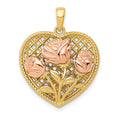 14K Two-tone Polished Flowers in Heart Pendant, 25 x 20.1 mm
