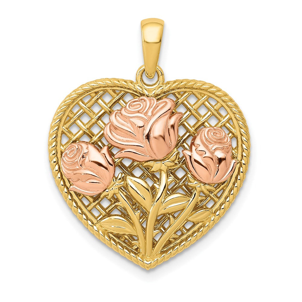 14K Two-tone Polished Flowers in Heart Pendant, 25 x 20.1 mm