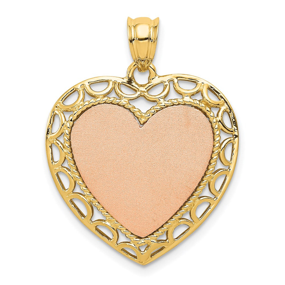 14K Two-tone Polished Engravable Lace Frame Heart Pendant, 29.1 x 22.2 mm