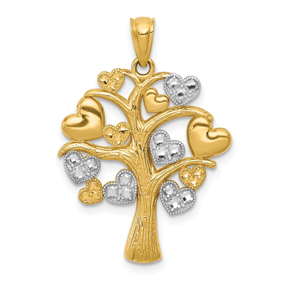 14K and White Rhodium Polished Hearts Tree Pendant, 27.16 x 19.4 mm