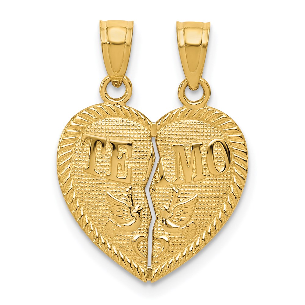 14k Two-piece Break-Apart Diamond-cut TE AMO Heart Pendants, 22.1 x 15.6 mm