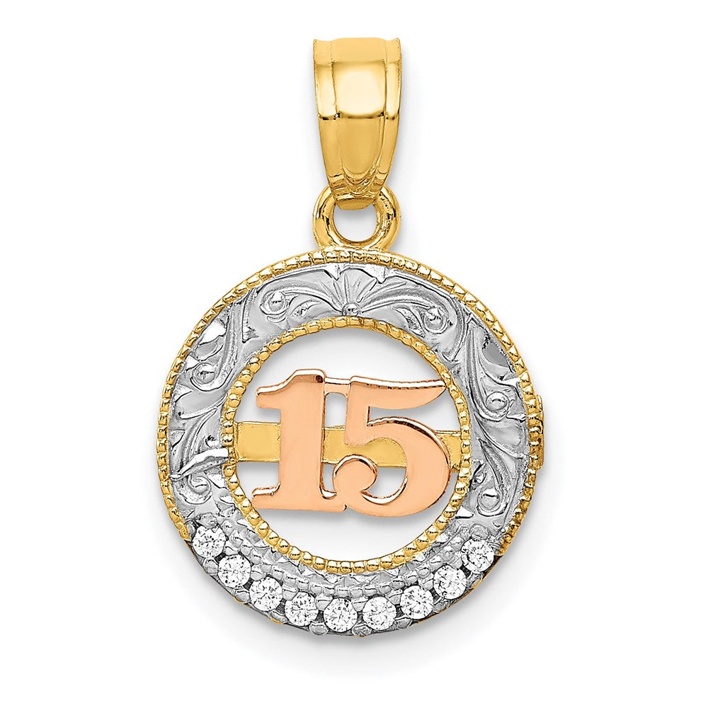 14k Two-tone with White Rhodium CZ 15 in Circle Pendant, 19.4 x 12.25 mm