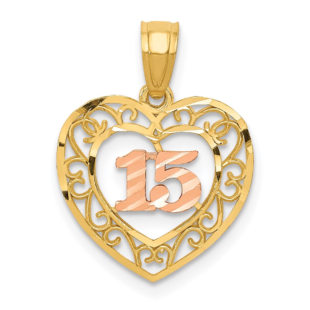 14k Two-tone Diamond-cut 15 Pendant, 19.7 x 14.4 mm