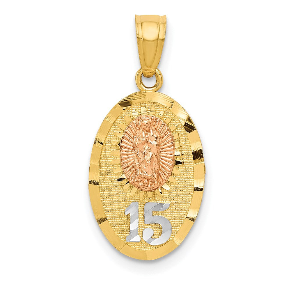 14k Two-tone with White Rhodium Diamond-cut Our Lady of Guadalupe with 15 Pendant, 22.4 x 10.5 mm