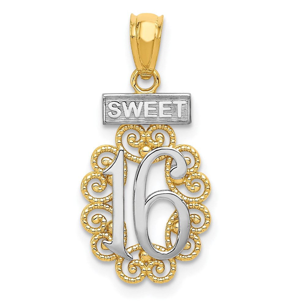 14k with White Rhodium Filigree SWEET 16 Pendant, 23.27 x 10.5 mm
