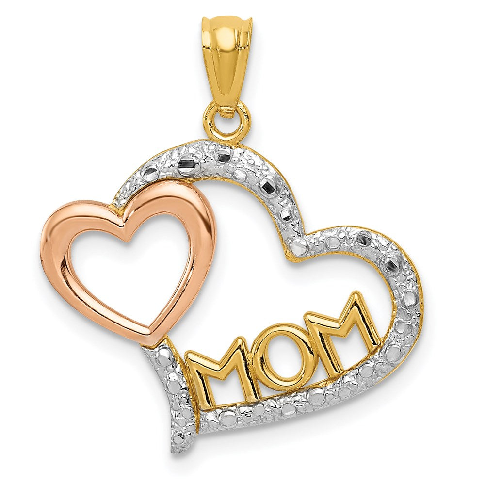 14k Two-tone with White Rhodium Diamond-cut MOM Heart Pendant, 24.8 x 21.9 mm