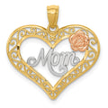 14k Two-tone with White Rhodium Diamond-cut MOM in Heart with Rose Pendant, 21.98 x 22.3 mm