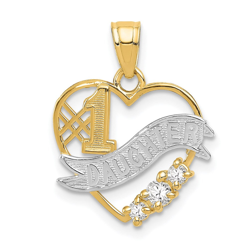14k and White Rhodium CZ #1 DAUGHTER Heart Pendant, 18.12 x 16.04 mm
