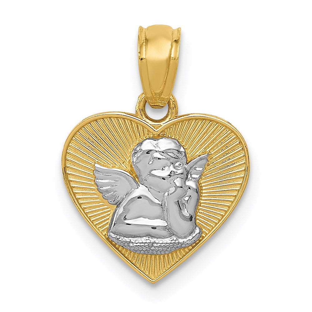 14k and White Rhodium Polished Guardian Angel in Heart Pendant, 15.98 x 12.58 mm