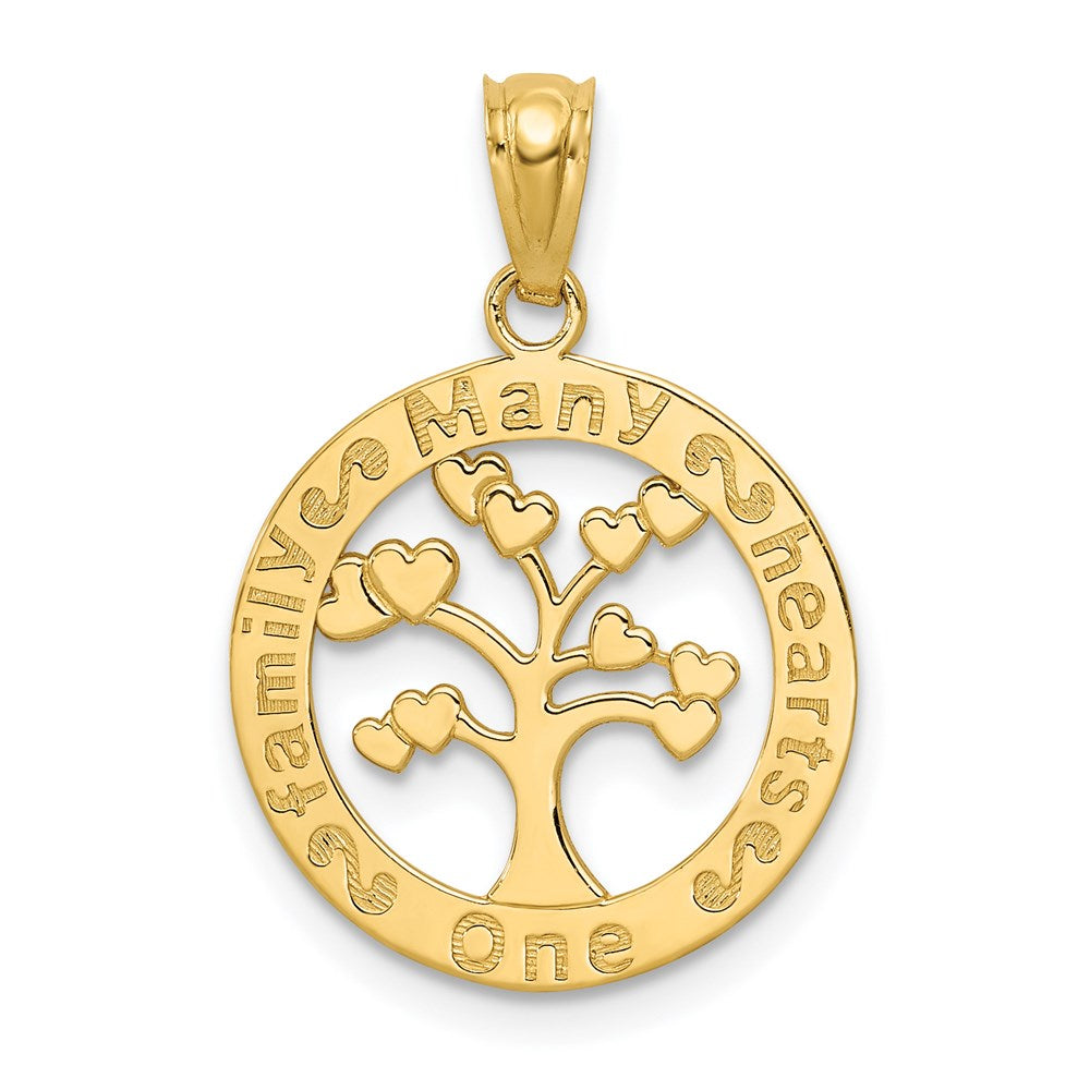 14k Polished ONE FAMILY MANY HEARTS Tree Pendant, 22.2 x 15.7 mm