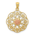 14k Two-tone Polished Rose in Round Filigree Charm, 25.5 x 18.4 mm