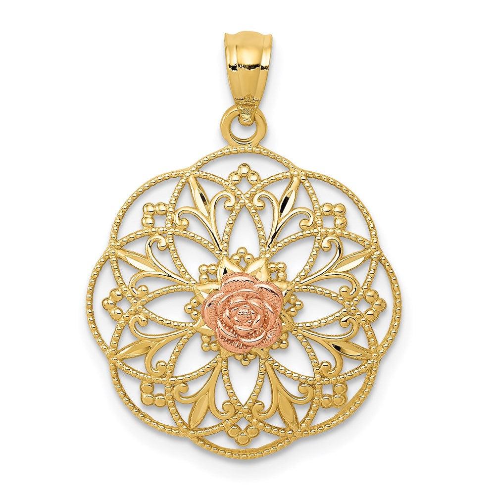 14k Two-tone Polished Rose in Round Filigree Charm, 25.5 x 18.4 mm