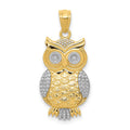 14K and White Rhodium Polished and Textured Owl Pendant, 26.7 x 12 mm