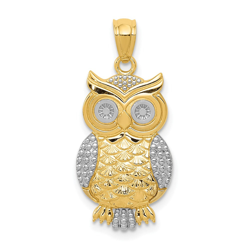 14K and White Rhodium Polished and Textured Owl Pendant, 26.7 x 12 mm