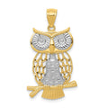 14k and White Rhodium Diamond-cut Polished Moveable Owl Pendant, 33.3 x 17.5 mm
