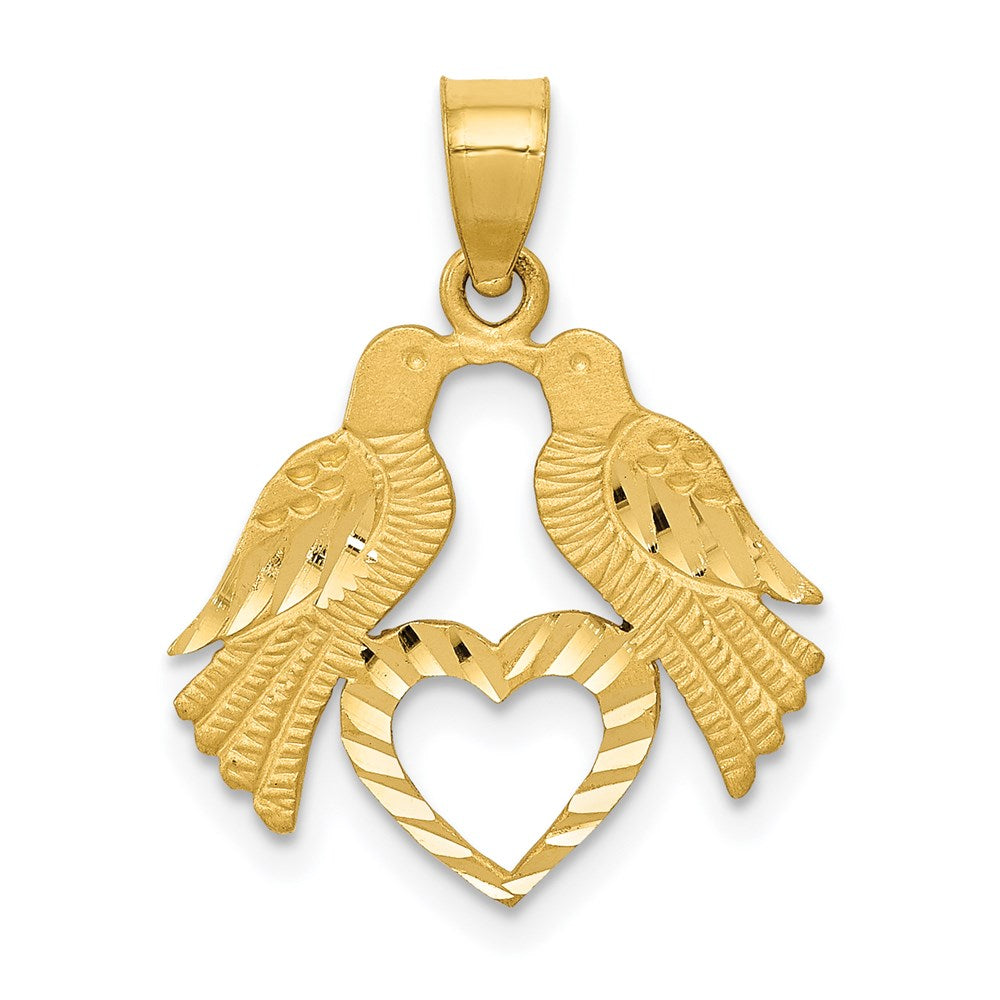 14k Polished Diamond-cut Love Birds with Heart Pendant, 22 x 17 mm