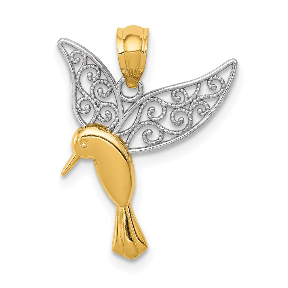 14k and White Rhodium Polished Hummingbird with Filigree Wings Pendant, 21 x 17 mm