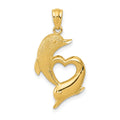 14K Diamond-cut Satin and Polished Dolphins Heart Pendant, 17 x 13.5 mm