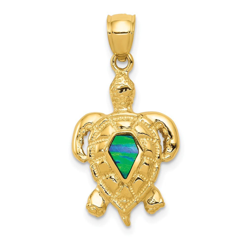 14k Polished Lab Created Blue Opal Turtle Pendant, 28 x 14 mm