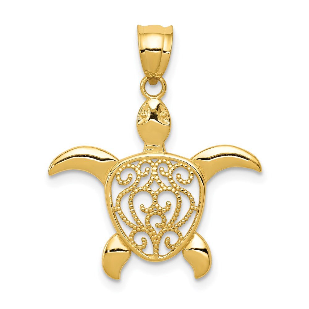 14k Polished Filigree Sea Turtle Pendant, 25 x 22 mm