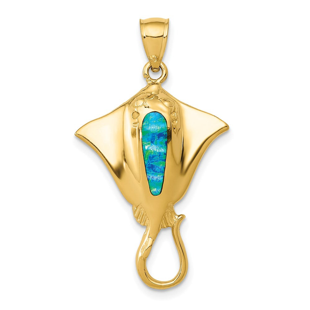 14k Polished Lab Created Blue Opal Stingray Pendant, 33 x 20 mm
