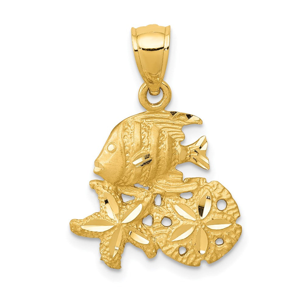 14k Satin Diamond-cut Fish, Starfish and Sand Dollar Pendant, 23.5 x 16 mm