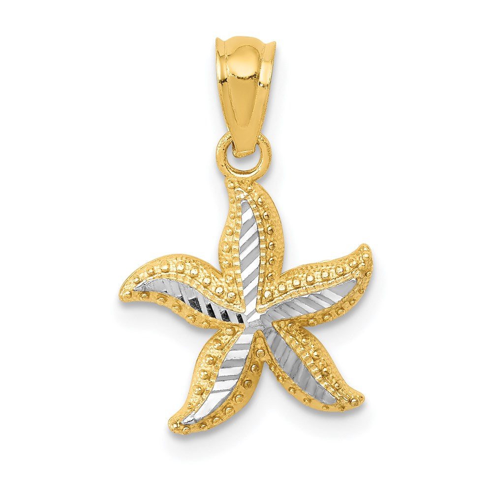 14k with White Rhodium Diamond-cut Starfish Pendant, 19 x 12 mm
