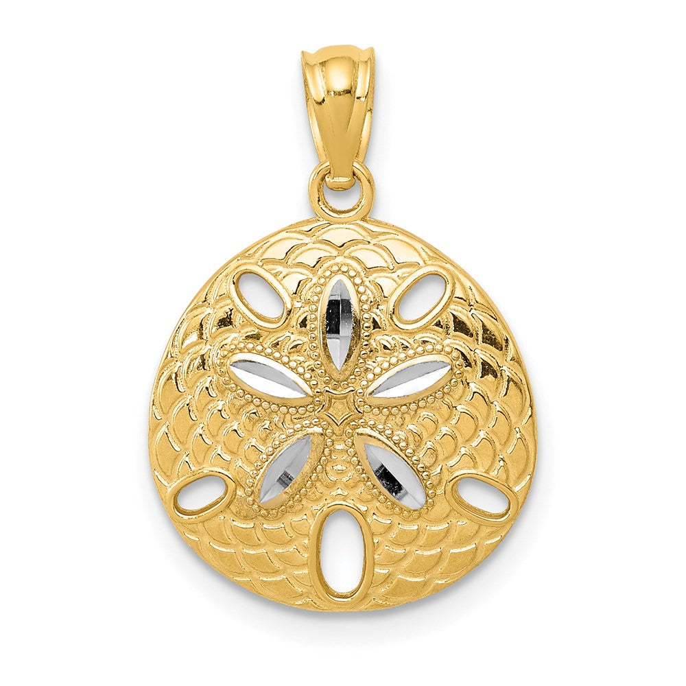 14k and White Rhodium Diamond-cut Polished Sand Dollar Pendant, 22 x 15 mm