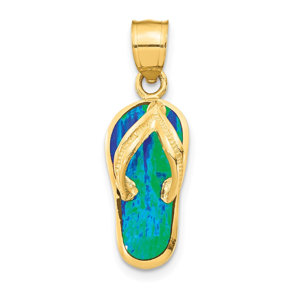 14k Polished 3-D Lab Created Blue Opal Flip Flop Pendant, 25.3 x 8.5 mm