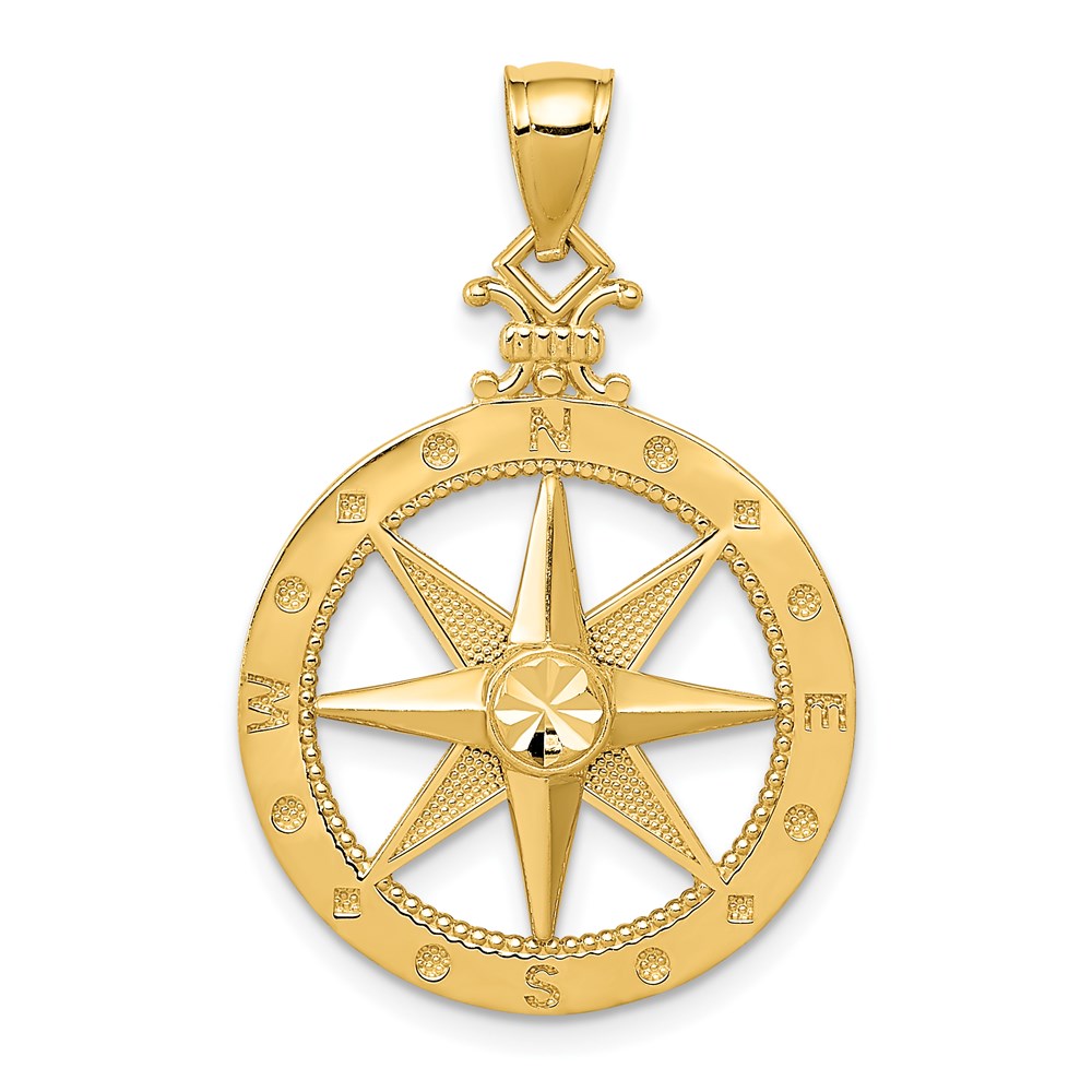14k Diamond-cut Polished Compass Pendant, 31 x 21 mm
