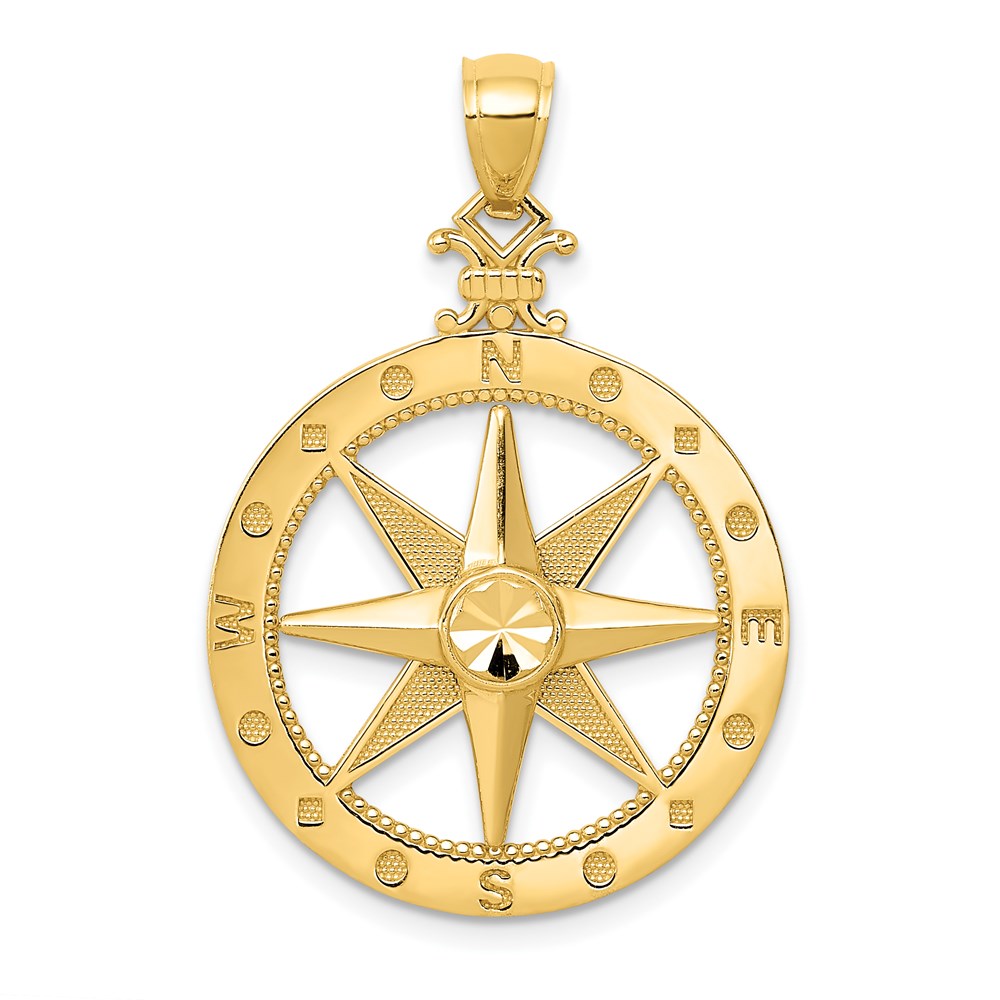 14K Diamond-Cut Polished and Satin Compass Pendant, 33.5 x 24 mm