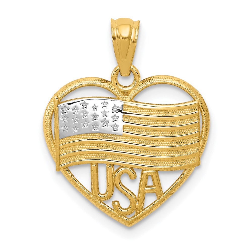14k and White Rhodium Polished American Flag USA in Heart Pendant, 20.64 x 16.3 mm