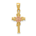 14K Two-tone Polished Diamond-cut Cross with Flower Pendant, 23.31 x 10.5 mm